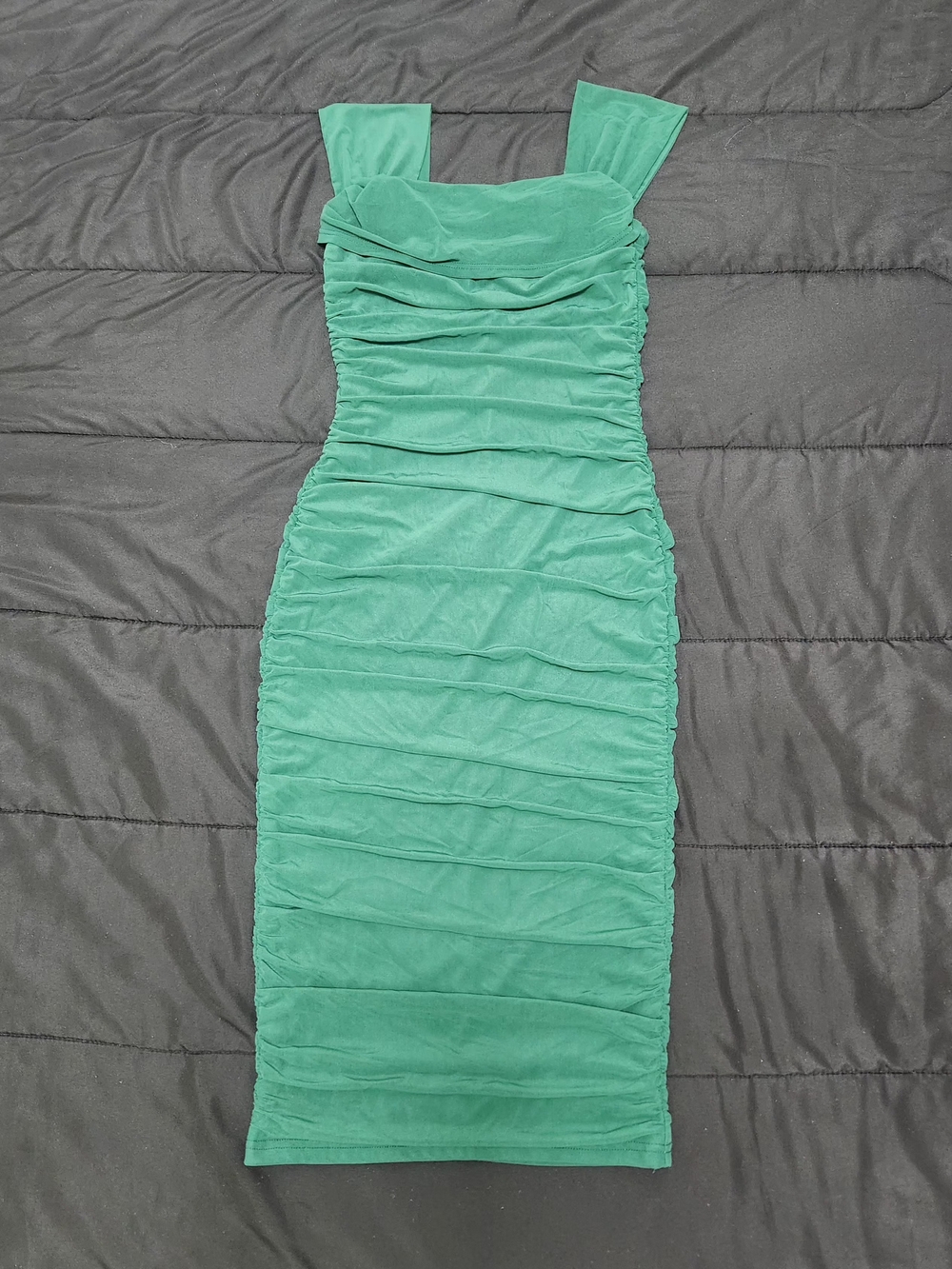 Green Ruched Square-Neck Midi Dress